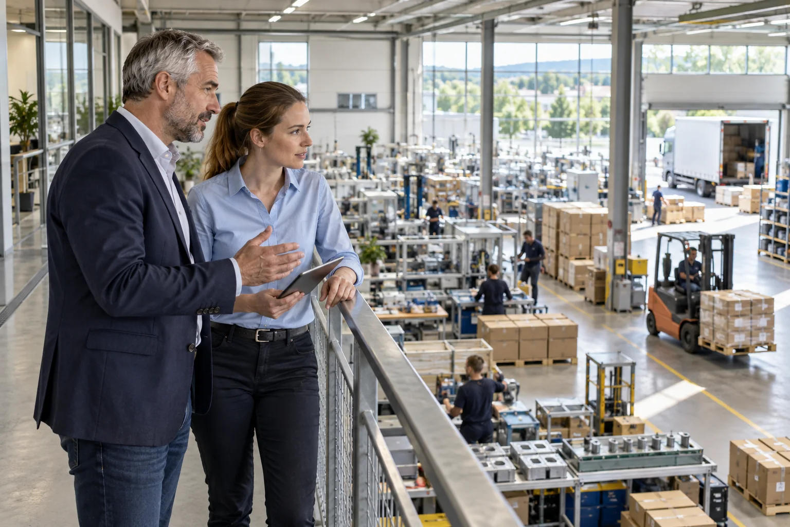 Blick von einer Galerie in einen aktiven Produktionsbetrieb